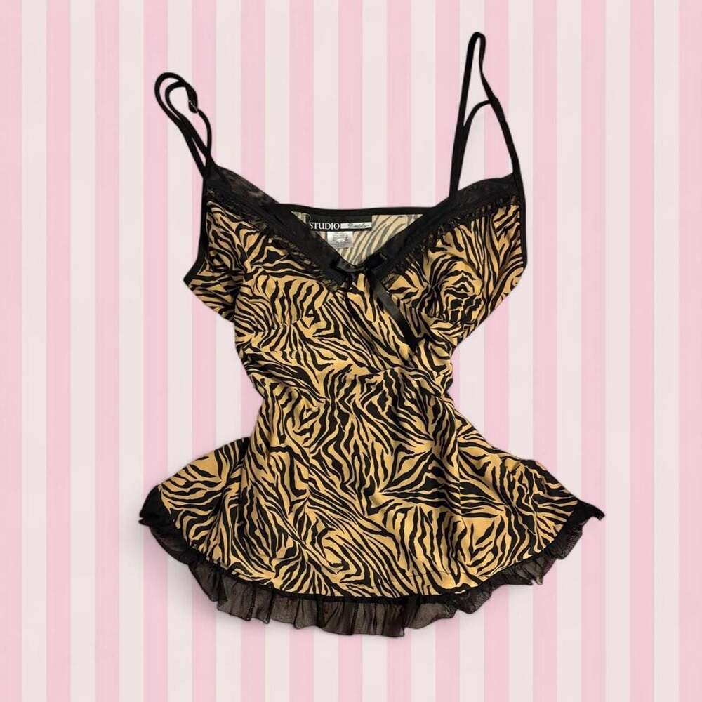Studio Donatella Zebra Print Cami Top with Lace Trim